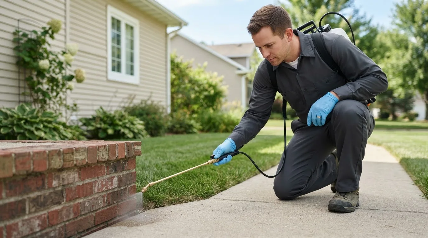 Pest control technician treating a home near Bradley, ME